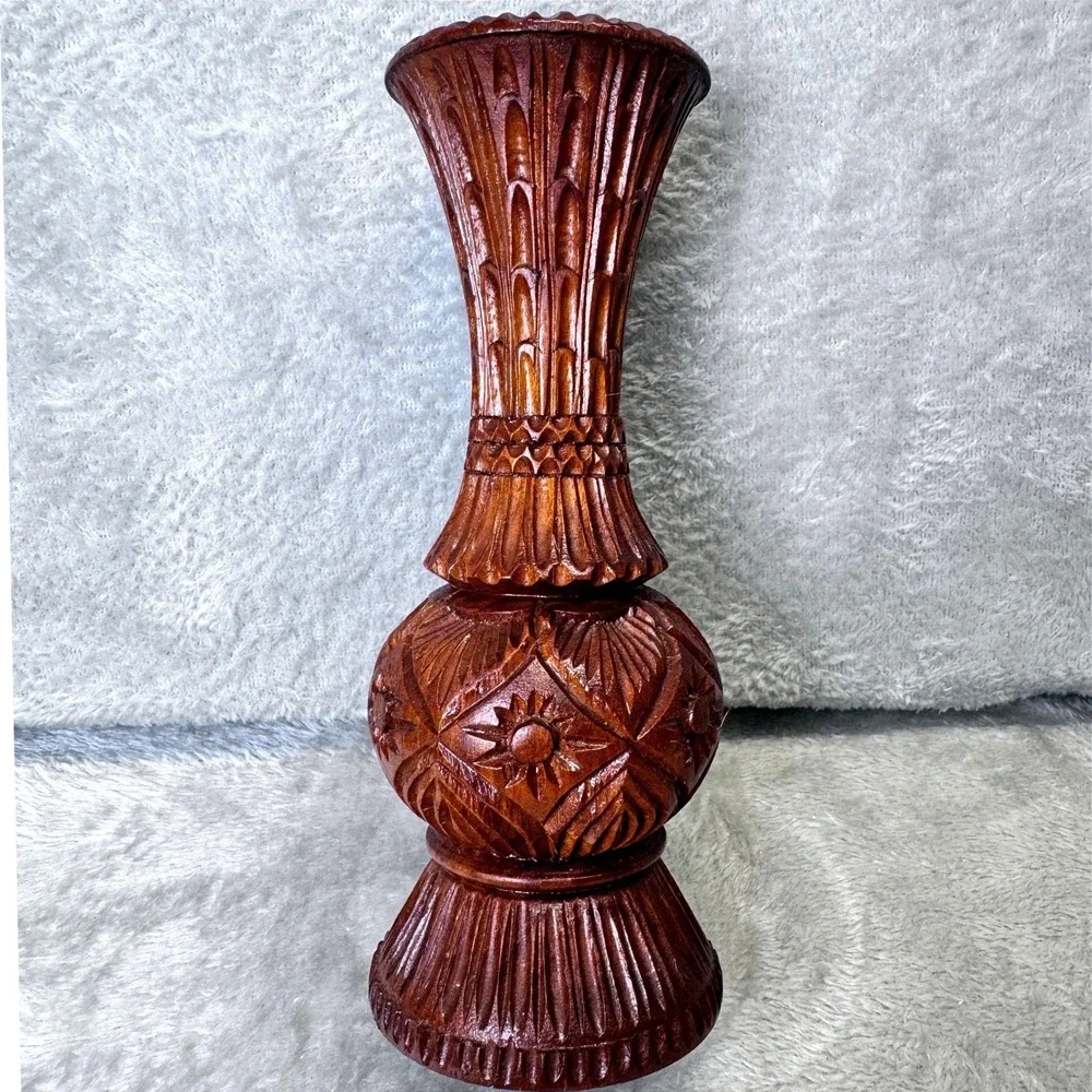 MCM Folk Art Carved Wooden Vase Ornate Floral Design Dark Wood Decorative Accent